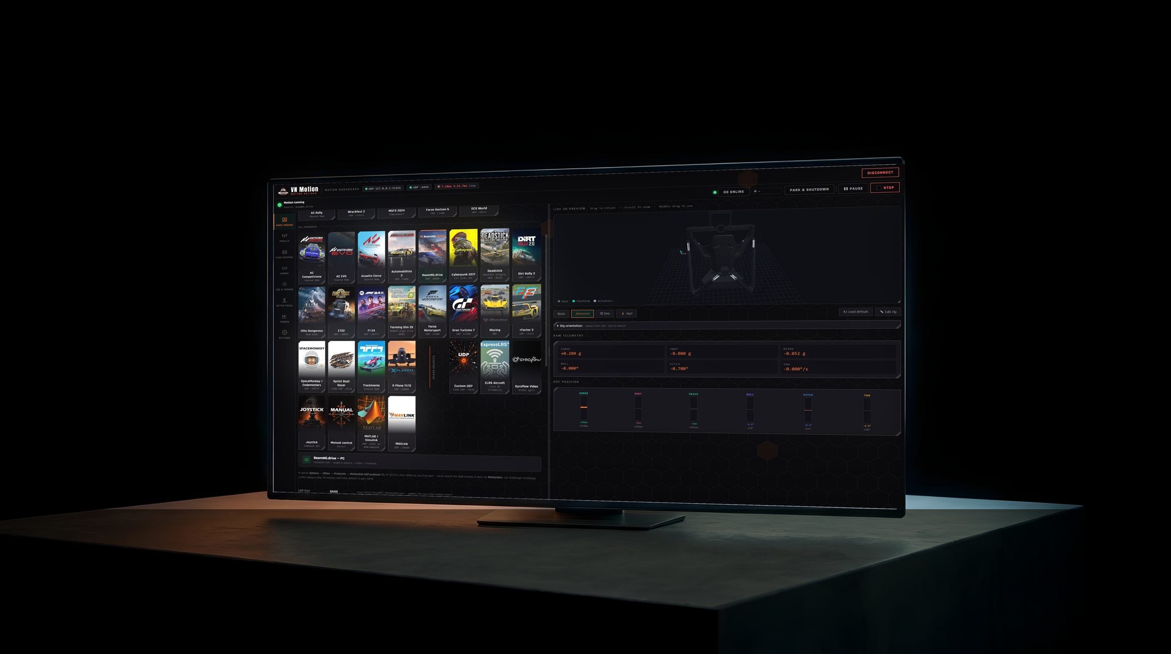 The VN Motion Dashboard with its game library, on a monitor